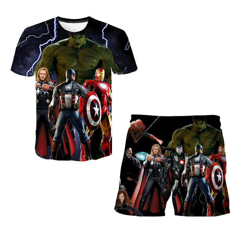 T-shirt Spiderman Marvel + pantaloncini 2 pezzi abiti Hulk Captain America Boy t-shirt Top set di vestiti per bambini pantaloncini per ragazzi vestito per ragazze