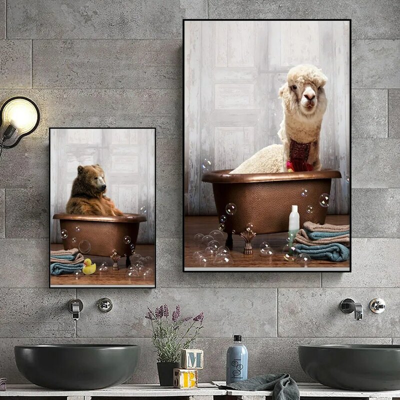 Peinture sur toile d'animaux dans la salle de bain, belle affiche murale, éléphant, vache, girafe, décoration de la maison