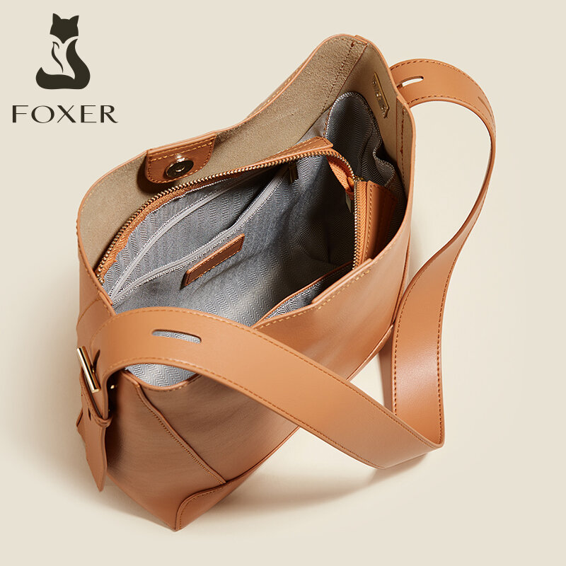 FOXER Retro Simple Shoulder Crossbody Bag Large Capacity Handbag Ladies Fashion Women Commuter Messenger Bag Split Leather Purse