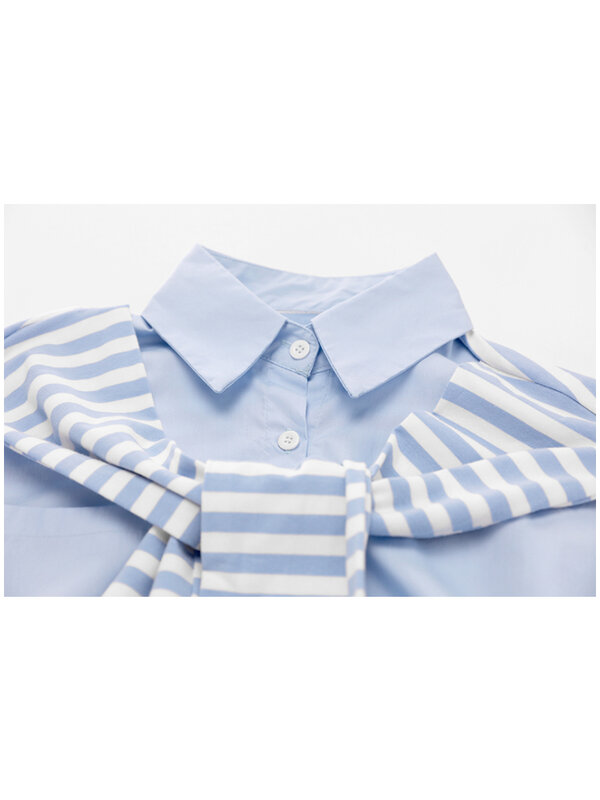 Shawl Striped Blue Long-sleeve Shirt Women's Spring And Autumn New Simple Design Sense Stacking Fake Two-piece Blouse Female Top