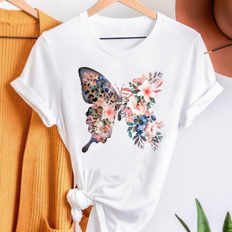 Flower Floral Butterfly 90's T-Shirt Top Fashion Clothes Women Summer Print Ladies Women's Short Sleeve Casual Graphic T-Shirt