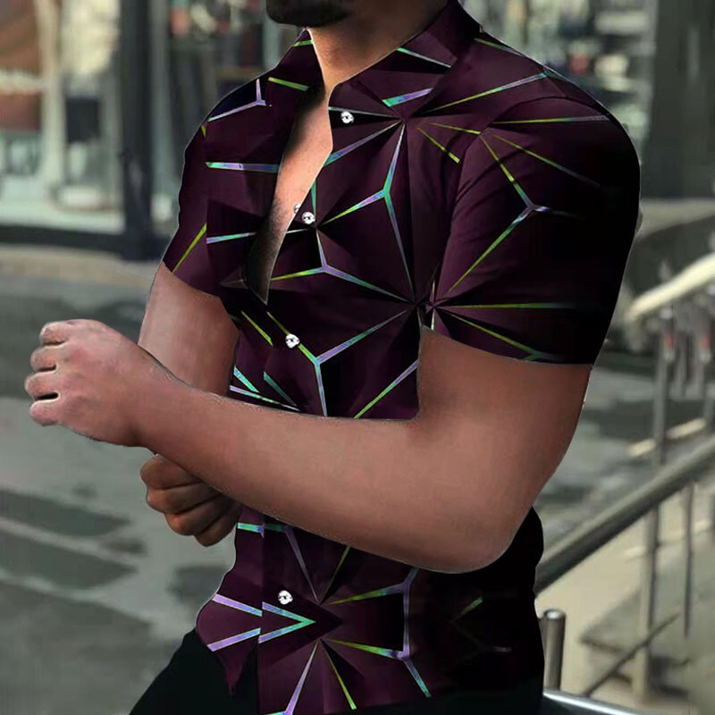 2022ผู้ชายที่มีสีสัน Slim เสื้อพิมพ์ลำลองฤดูร้อนเสื้อแขนสั้นเสื้อแฟชั่น Streetwear
