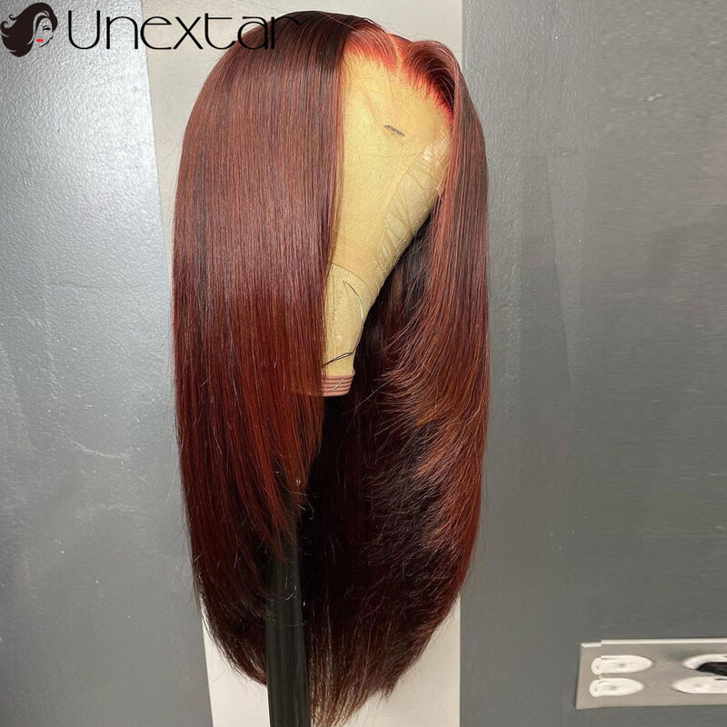 Unextar Wig Rambut Manusia Renda Depan 13X4 Warna Coklat Kemerahan Gelap untuk Wanita 180% Wig Rambut Manusia Remy Lurus Sebelum Dipetik
