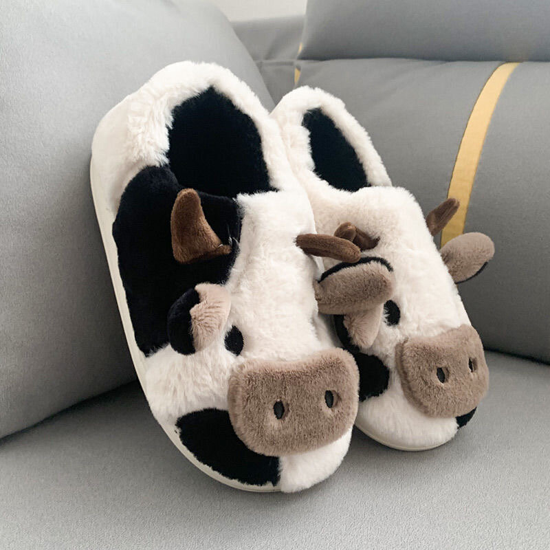 Upgrate-Zapatillas de casa con dibujos de animales para mujer y niña, pantuflas cálidas para invierno mullido Kawaii, zapatos divertidos de vaca y leche