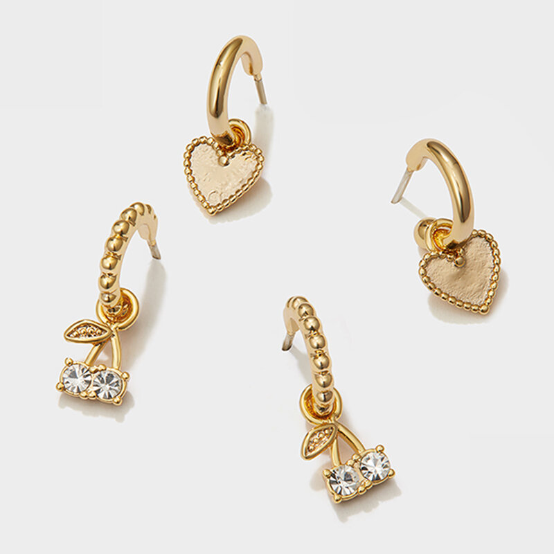 Peri'sBox-pendientes de aro pequeños con diamantes de imitación para mujer, aretes pequeños de Color dorado, corazón de amor, cereza, a la moda, 4 unids/set