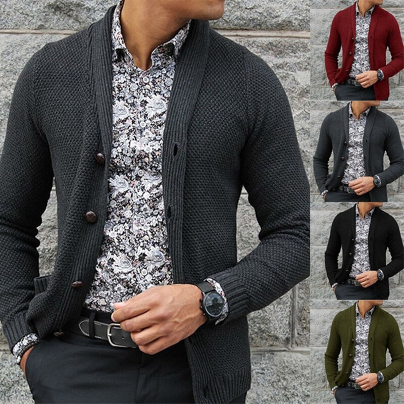 Cardigan à revers à simple boutonnage pour homme, chandail chaud et Slim, Style décontracté, tricoté, manteau, couleur unie, vêtements d'extérieur, hiver