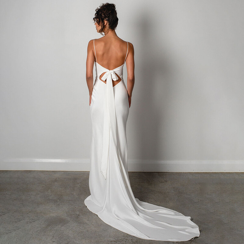 Tixlear 2022 novo vestido de casamento cetim simples senhora sereia estilo para a noiva com alça de espaguete sexy fenda sem costas robe de mariee