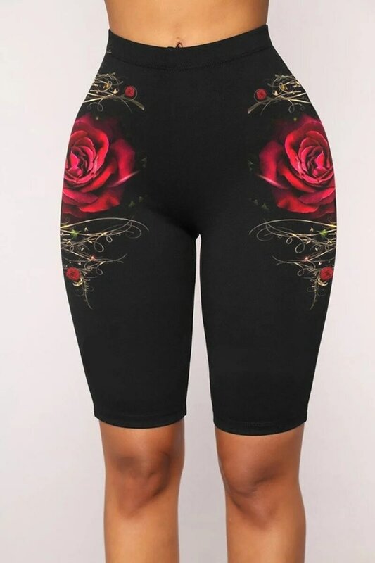 Mallas con estampado de rosas para mujer, pantalones cortos deportivos de cintura alta elástica, ropa de verano, 2023
