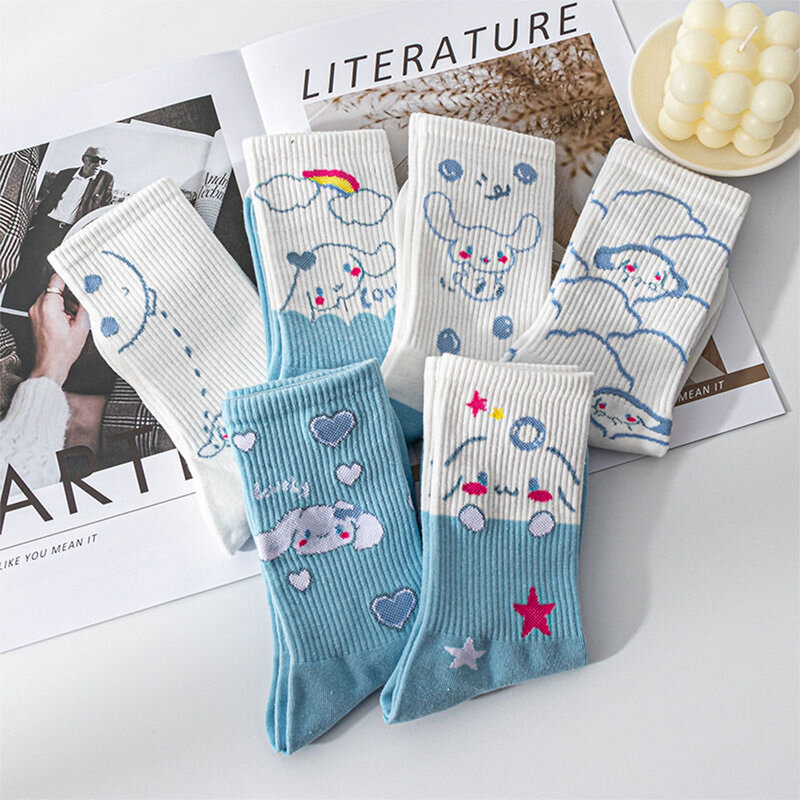 Cinnamoroll Sanrio-Calcetines de dibujos animados para niña, medias de tubo con forma de corazón, Kawaii, azul, regalos de viento, Otoño e Invierno