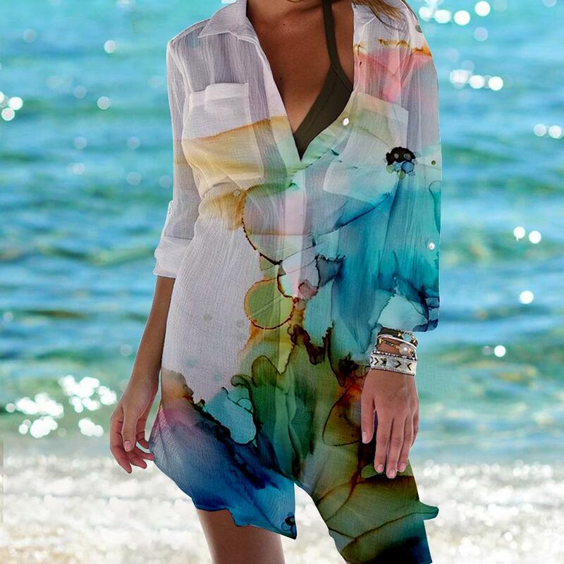 Camisa de estilo playero para verano, top informal, transpirable, holgado, estampado 3D, color océano, novedad de 2023