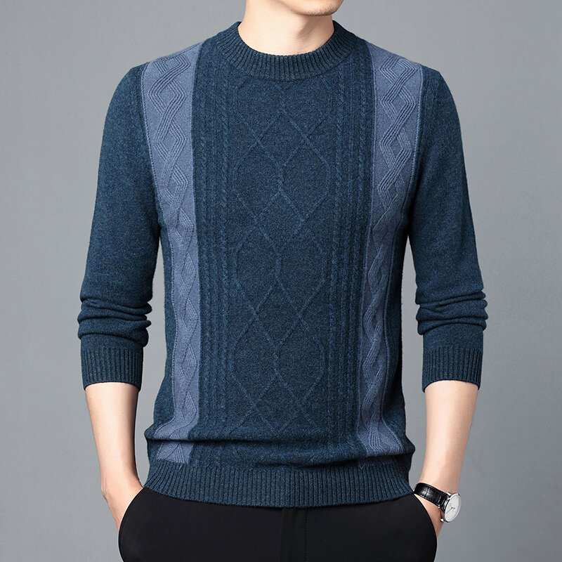 Suéter de lana pura para hombre, ropa cálida con incrustaciones de punto, rayas verticales, invierno, 100%