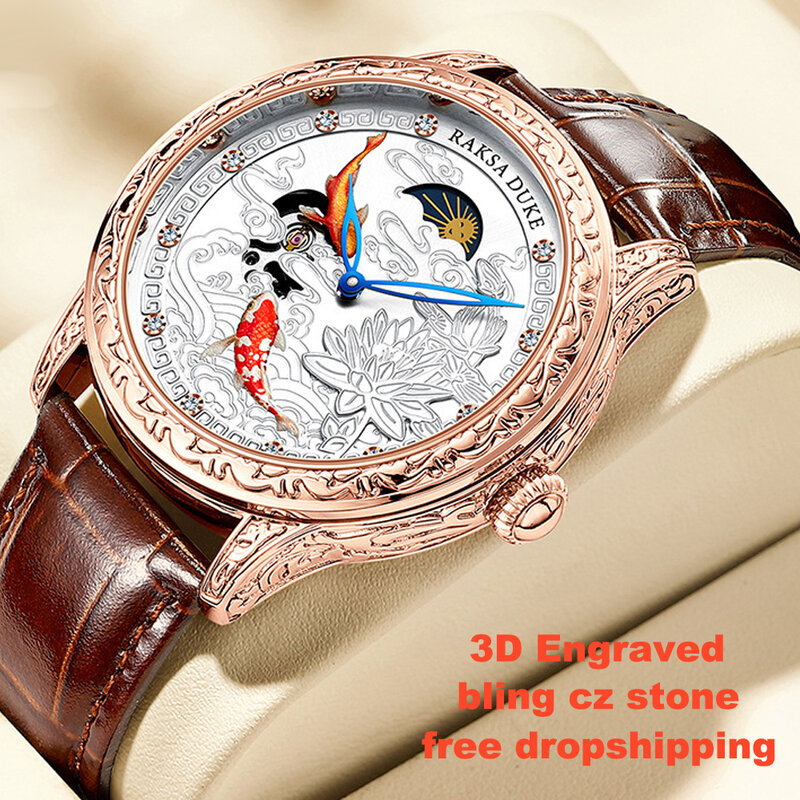 3d gravado dial com diamante relógios para homem automático fase da lua tourbillon relógio mecânico homem rosa ouro relogio masculino