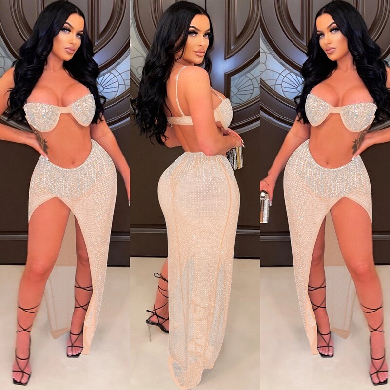 Sparkly Rhinestone Sexy Two Piece Set Women Party Clubwear Skirt and Cropped Set Festival Clothing Skirt Matching Sets Outfits