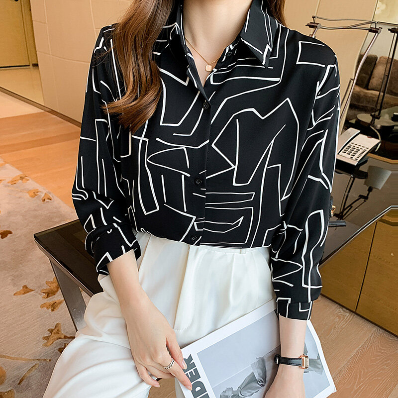 Camisa estampada feminina de mangas compridas chiffon camisa superior blusas mujer de moda 2022 verano botão acima da camisa da forma coreana