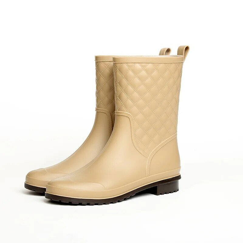 Novo lazer botas de chuva feminina de salto baixo sapatos de dedo do pé redondo à prova dmiddle água tubo médio botas de chuva chaussures femmes 2019