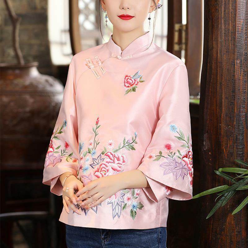 2022Spring and Autumn Ethnic Style Tang Suit Coat Retro Embroidery Button Chinese Top Women's Top Elegant Loose Blouse