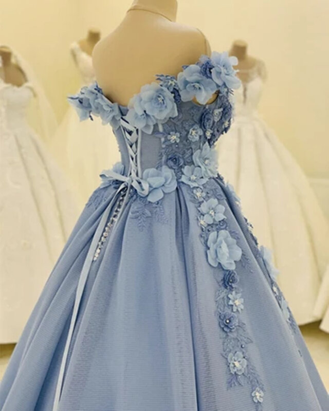 2022 Light Blue Flowers Prom Dresses Off Shoulder Sleeveless Long Evening Formal Party Gowns robes de soirée vestidos de fiesta
