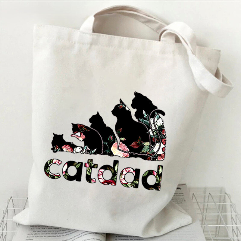 أم القطط طباعة حمل حقيبة Kawaii المرأة Canva حقيبة موضة Harajuku حقيبة تسوق حقيبة يد كاجوال لطيف القط حمل حقائب للنساء
