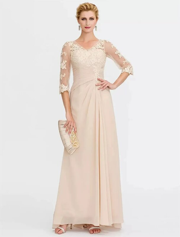 Sheath / Column Mother of the Bride Dress Elegant See Through V Neck Floor Length Chiffon Sheer Lace Half Sleeve with Appliques