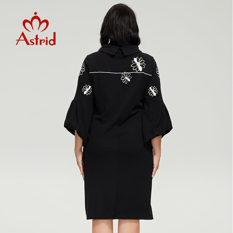 Astrid damskie sukienki damskie 2022 Oversize Casual eleganckie sukienki haftowany kwiat Midi czarne sukienki z długim rękawem Office