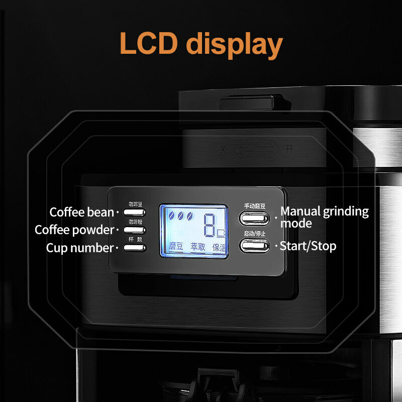 カップ付きの完全な自動ドリップコーヒーメーカー,プログラム可能なコーヒーマシン,1.2l,水タンク,調整可能なコーヒービーズ