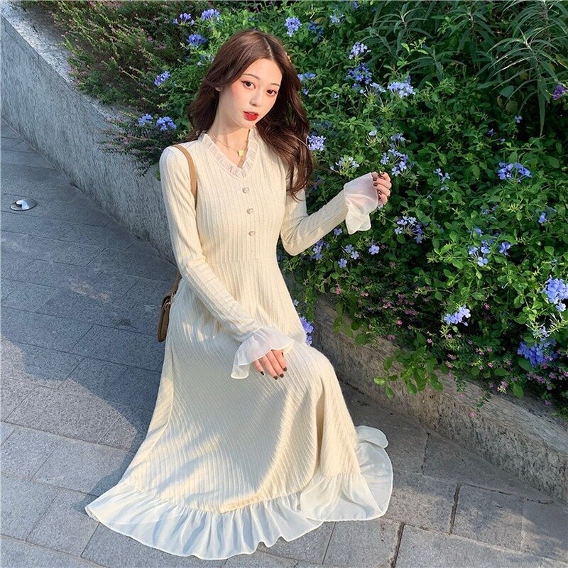 Vestido de lana de punto de moda coreana para otoño e invierno, nuevo vestido francés elegante con cuello en V, falda larga ajustada de manga larga con fondo, 2022