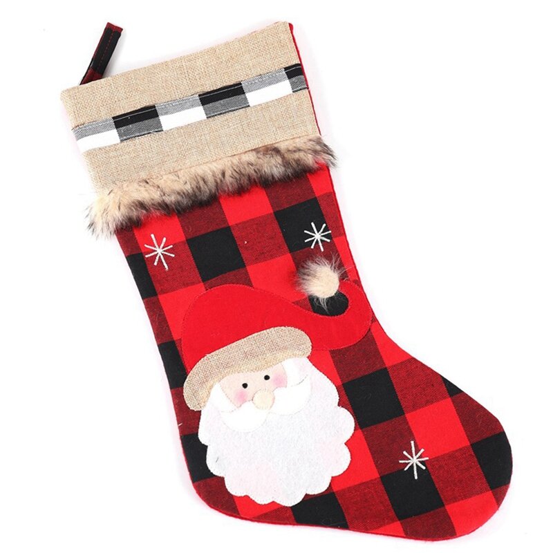 Christmas Home Decoration Socks, High-Quality Linen, Red and Black Plaid, New Year Gift Bags