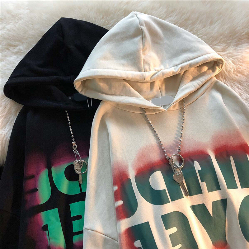 YUQI Women Sweatshirts American Gradient Letter Chain Female Hooded Pullovers 2022 Cotton Spring Autumn Oversized Unisex Hoodies