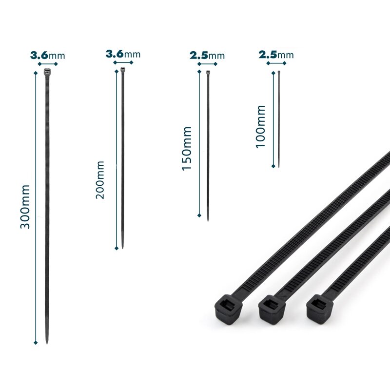 500 laços de cabo resistentes uv pretos dos pces tamanhos 100x2.5mm, 150x2.5mm, 200x3.6mm, 300x3.6mm
