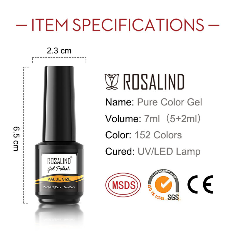 Rosalind-プラスチックボトルマニキュア,半永久的なUV/LEDランプ硬化,ハイブリッドワニス,半永久的,7ml