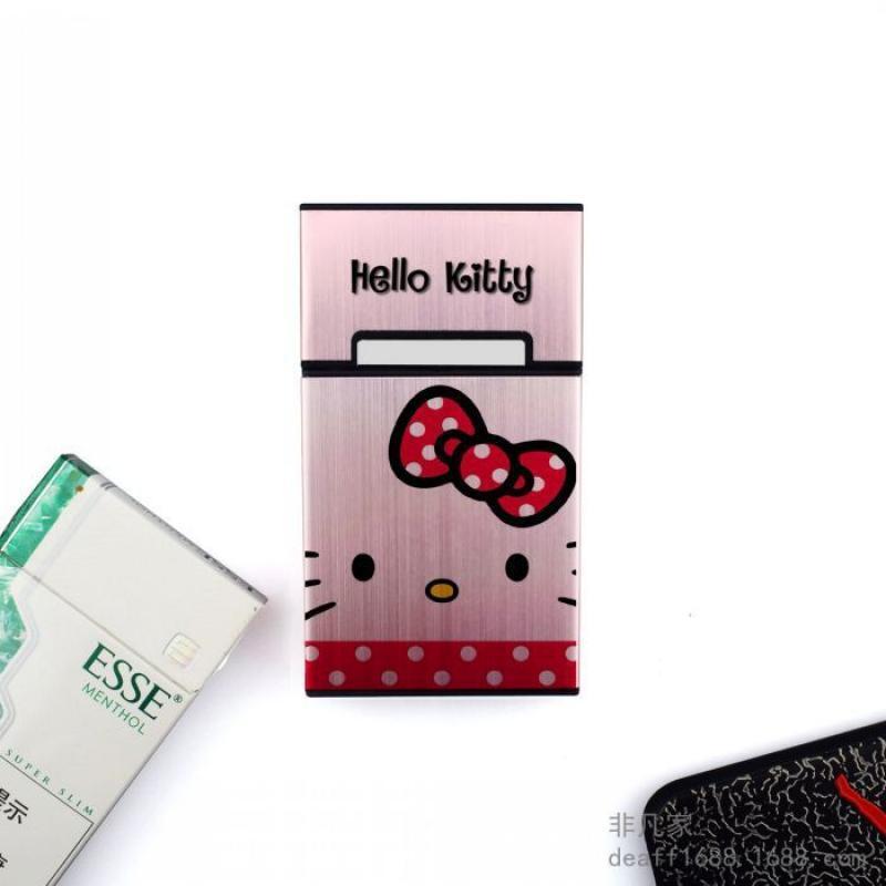 Kawaii Hello Kitty โลหะบุหรี่อัตโนมัติพลิกการ์ตูนอะนิเมะอะลูมินัมอัลลอยแบบพกพาสำหรับ20ดิบบางบุหรี่