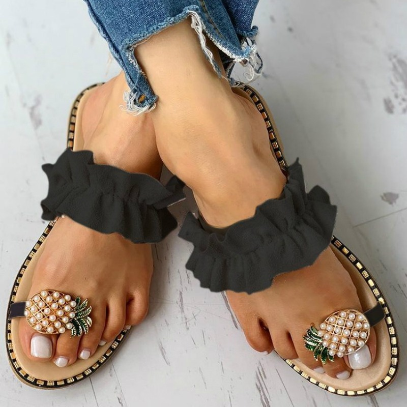 Pantofel damski ananas perłowy płaski palec u nogi czeski sandały plażowe damskie buty platforma projektant czarne Leopard slajdy