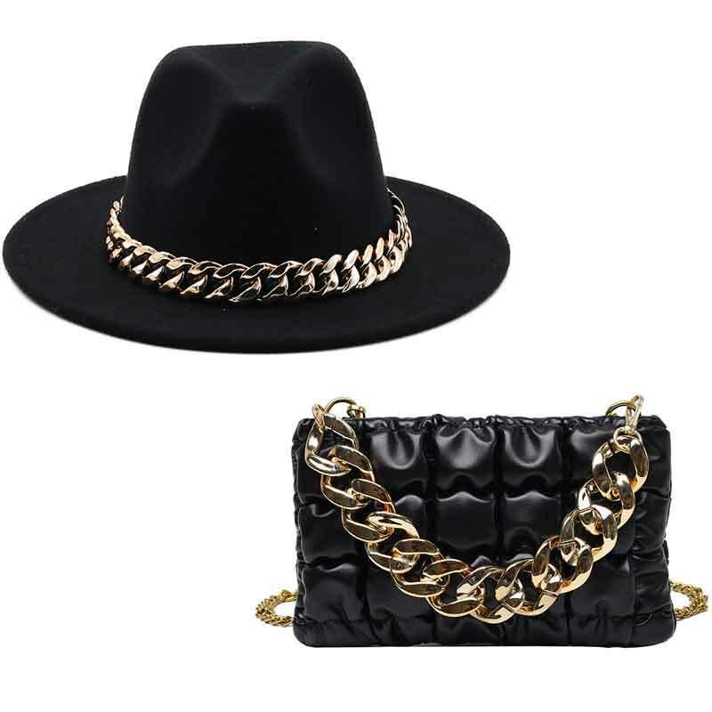 Fedoras-Sombrero de lujo para mujer, conjunto de bolsa con cadena dorada, bolsa de mano verde, elegante, Jazz, sombrero de copa y sombrero para bodas
