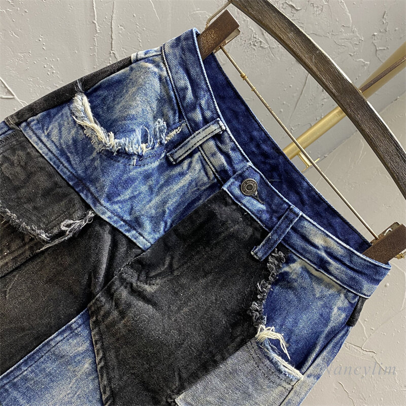 Женская джинсовая юбка в европейском стиле, Модная Джинсовая юбка контрастных цветов с отстрочкой, лето 2022