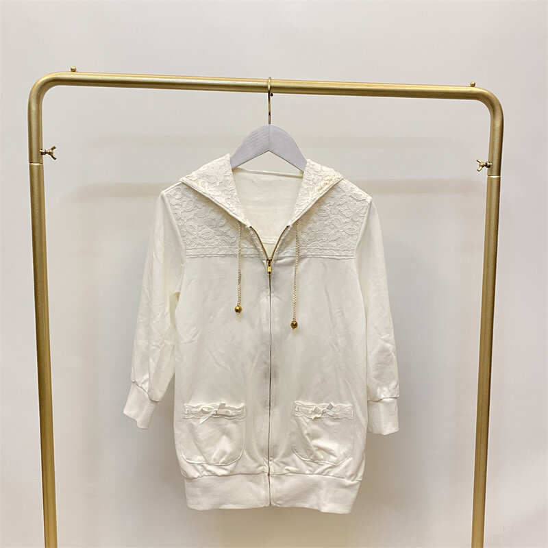 Sudadera con capucha de media manga con bolsillo y lazo, gorro bordado de encaje de punto, camiseta japonesa Liz Lisa, ventas