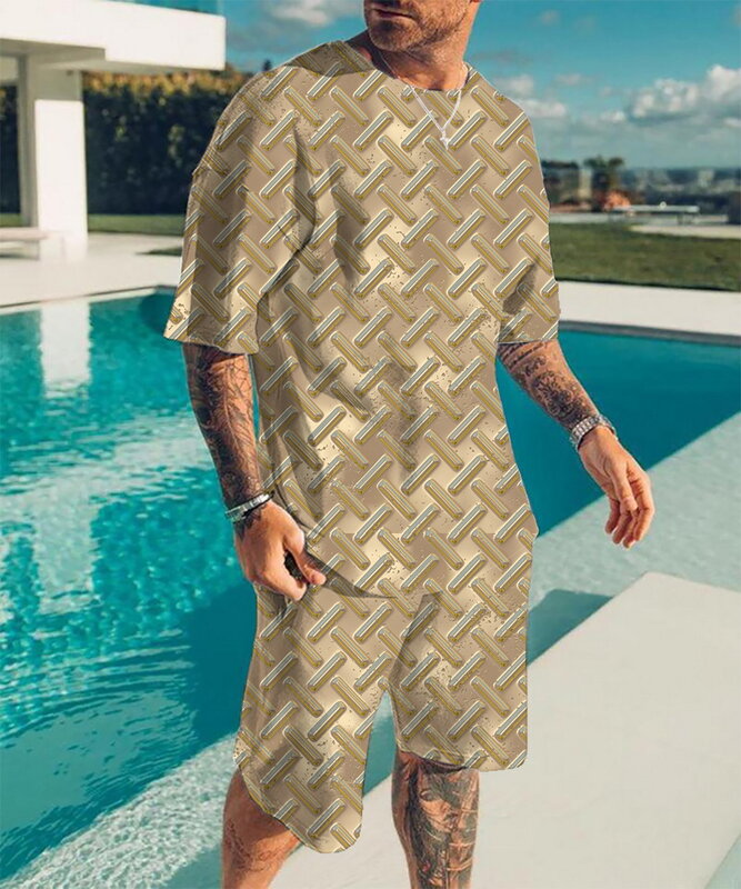 Fashion Summer Men's 2 Piece Short Sleeve + Shorts Sportswear Beach Streetwear Camo 3D Print Men's Suit