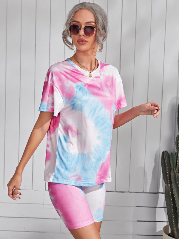 2022 Summer Women's Tie-dyed Shoulder Loose Top T-shirt+tight Shorts Sports and Leisure Suit Women Sweat Suit Set Female set