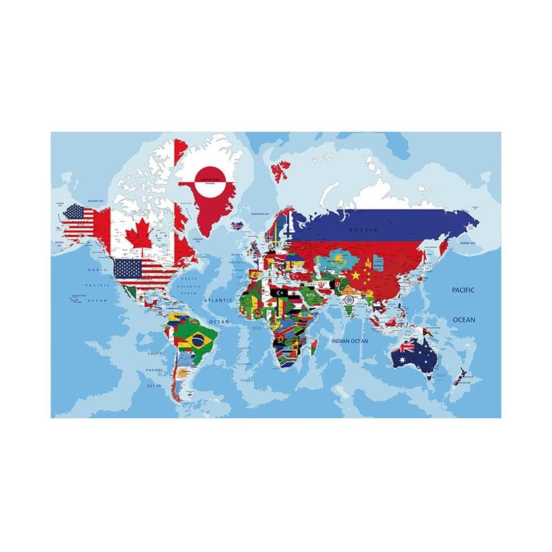 Mappa fisica del mondo Non tessuto 150x100cm con piatto di bandiere nazionali per materiale scolastico per la decorazione domestica della parete dell'ufficio