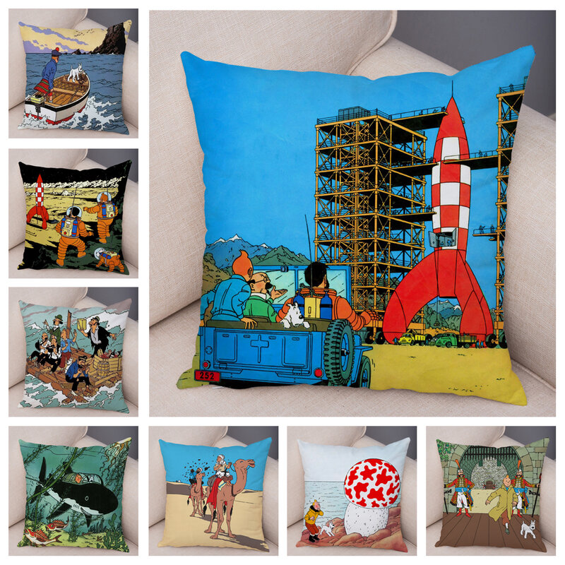 Funda de almohada con estampado de dibujos animados de The Adventures of Tintin, cubierta de cojín de felpa suave, decoración para silla de coche, sofá, fundas de almohada