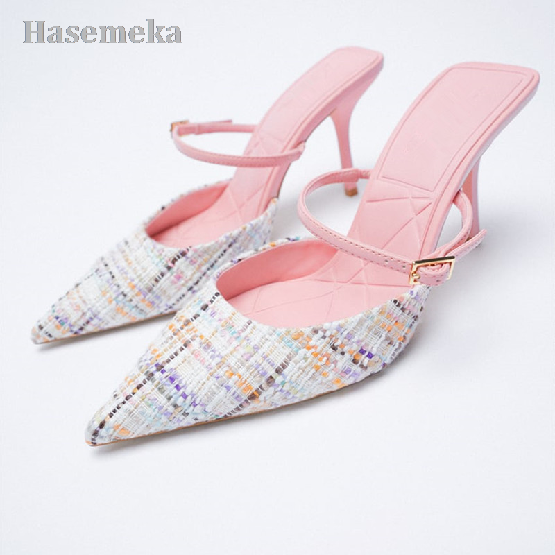 Pointed Toe Shoes Slippers Women Summer Slides Med Thin Heels Female Mule Heeled Mules 2022 Cover High Rome Cotton Fabr