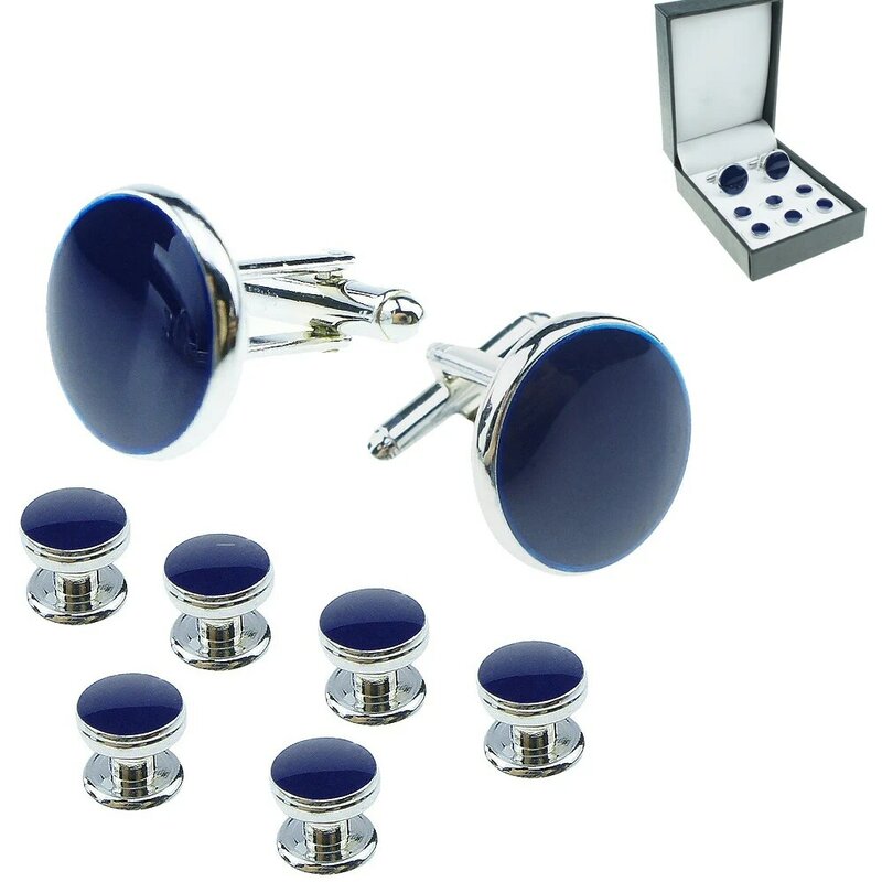 8PCS Silver Blue CAB Mens Cufflinks and Studs Set Tie Clasp Cuff Links Shirts Classic Match for Business Wedding Formal Suit
