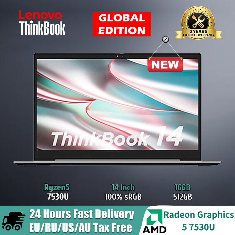 جديد حاسوب محمول لينوفو ThinkBook 14 AMD Ryzen 5 7530U 16GB DDR4/512GB SSD كور بطاقة رسومات 14-Inch ويندوز 11 رفيع نوت بوك 2023