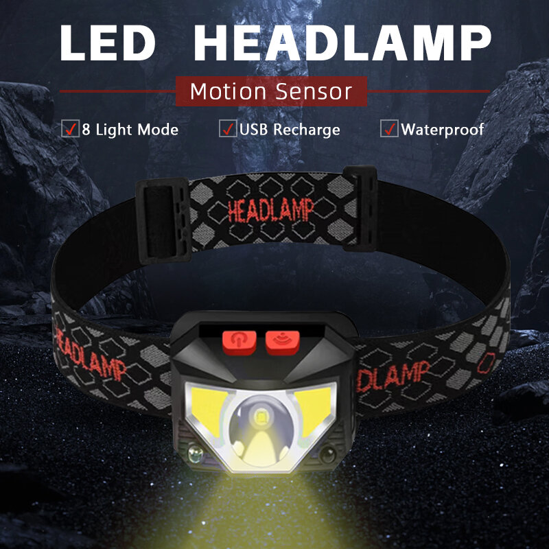 8 Modes Super Bright LED Headlamp Portable Flashlight USB Rechargeable Waterproof Headlight Sensor For Fishing Camping Hiking