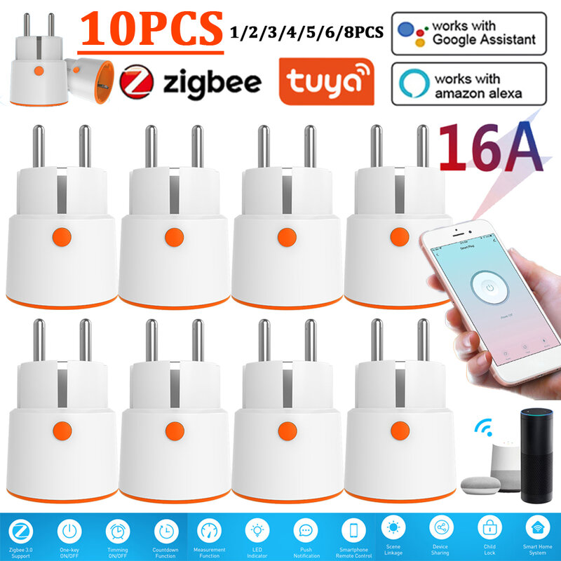 1-10pcs 16A Tuya Smart Zigbee 3.0 Power Plug Timing Function Smart Home App Remote Control Work With Alexa Google Home EU Outlet