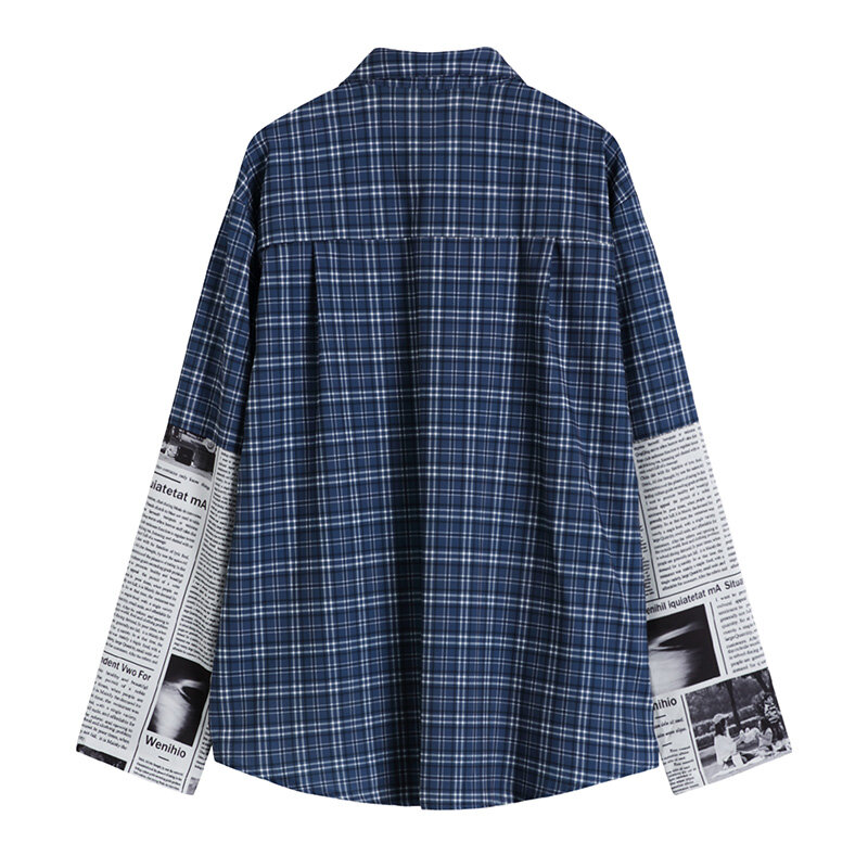 Retalhos xadrez camisa feminina retro design de impressão pictórica primavera outono estilo hk manga longa bf solto blusa neutra de grandes dimensões