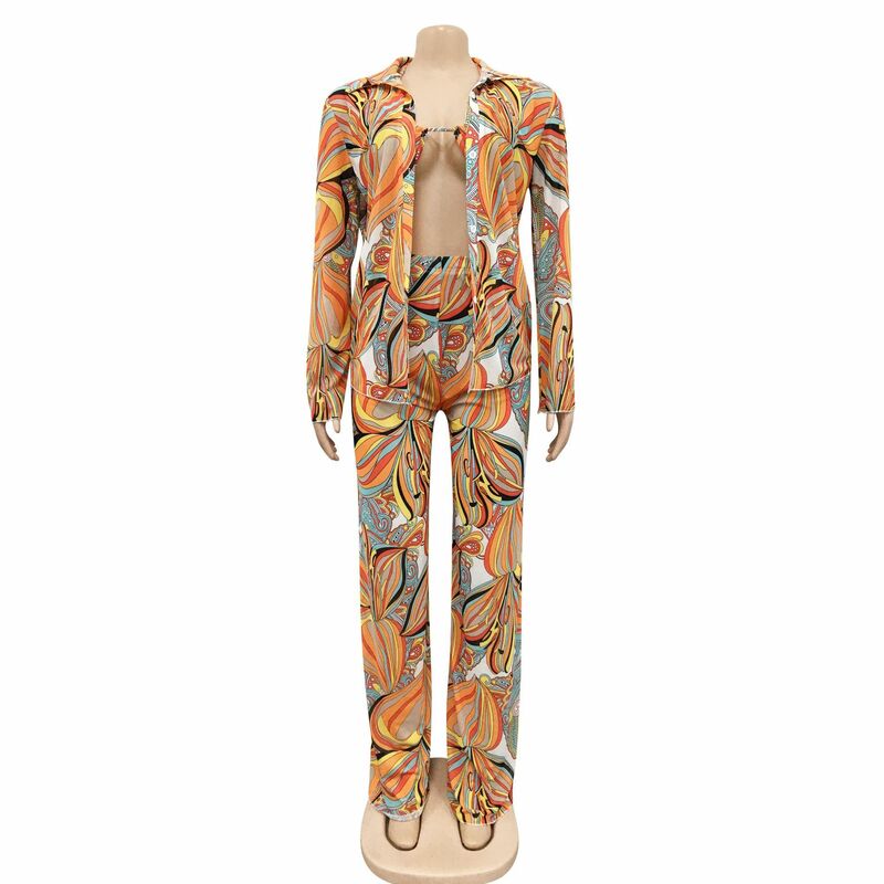Casaul-Conjunto elegante de 3 piezas para mujer, traje de pierna con estampado colorido, ropa de calle a juego, pantalones de otoño