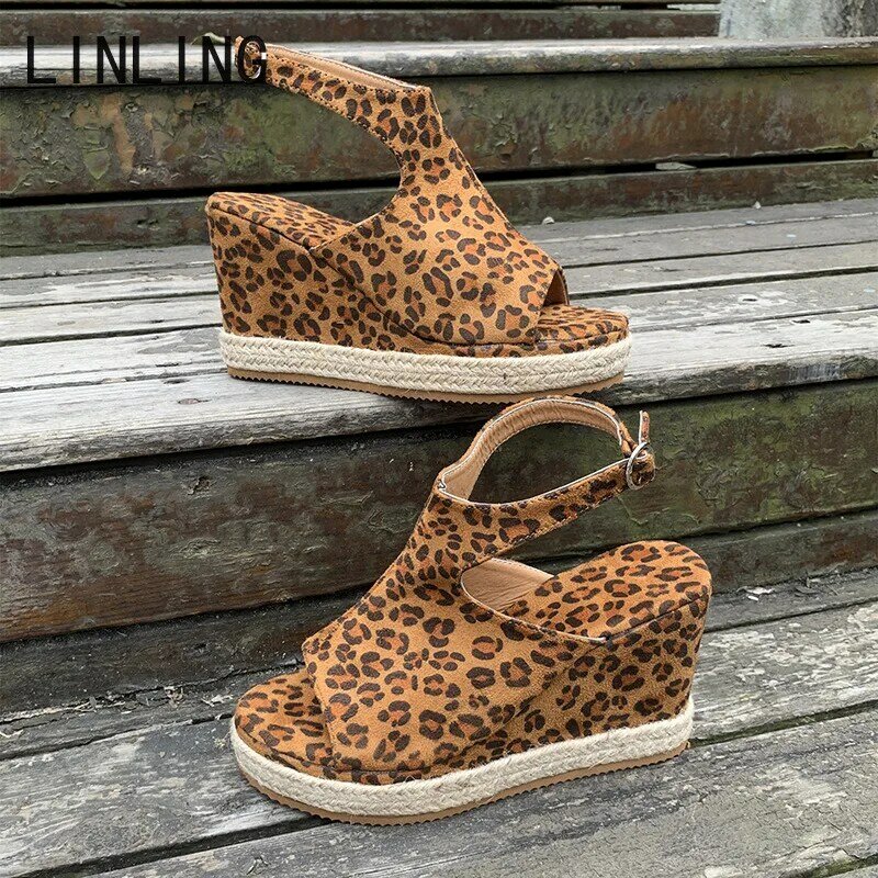 2022 Fashion Peep Toe Slippers Women  Wedges Heel Casual Ladies Outdoor Beach Slides Sandal Leopard Singbacks Summer Mujer