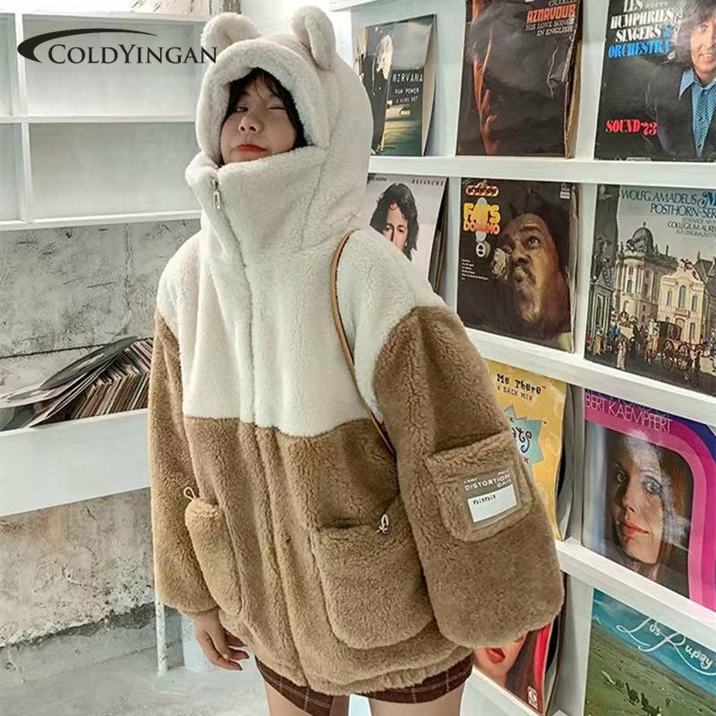 Abrigo de lana de cordero para mujer, chaqueta informal con capucha, holgada, falsa, Retro, con personalidad, para invierno