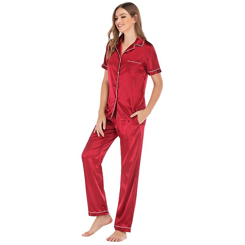 2pcs Button Pyjamas Women Short Sleeve Long Leg Silk Pajama Set 100% Mulberry Silk Sleepwear