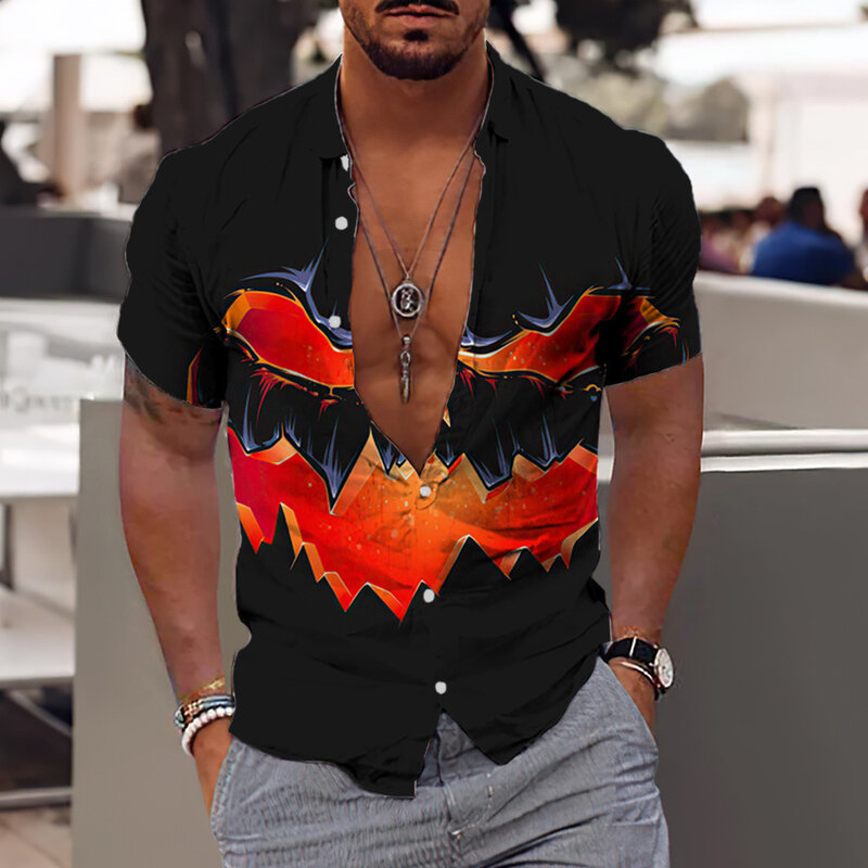 Гавайская рубашка для мужчин, летние мужские рубашки с 3D-принтом на тему Хеллоуина, праздничные пляжные Топы с коротким рукавом, футболка, М...